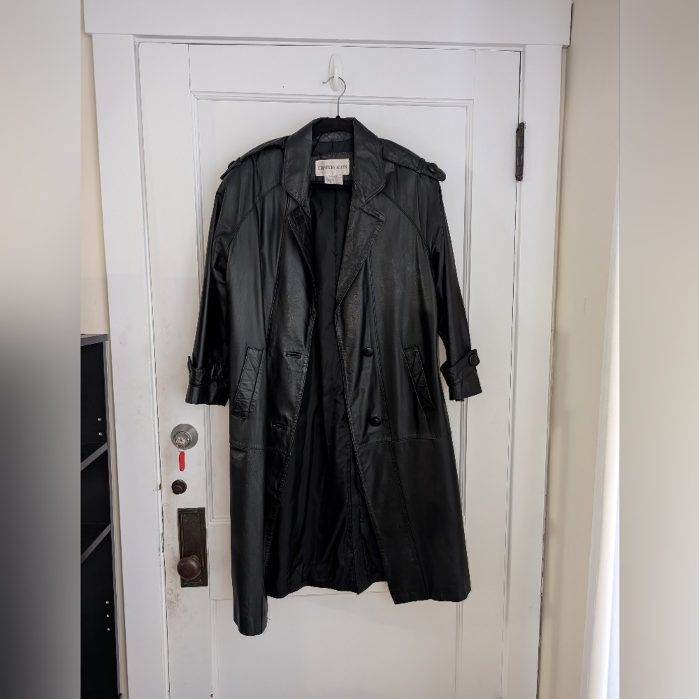 Charles Klein Genuine Black Leather Trench Coat